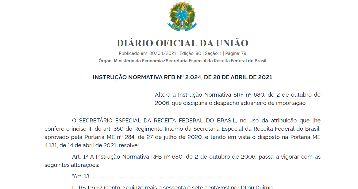 Taxa Siscomex: Valores por adição de D.I